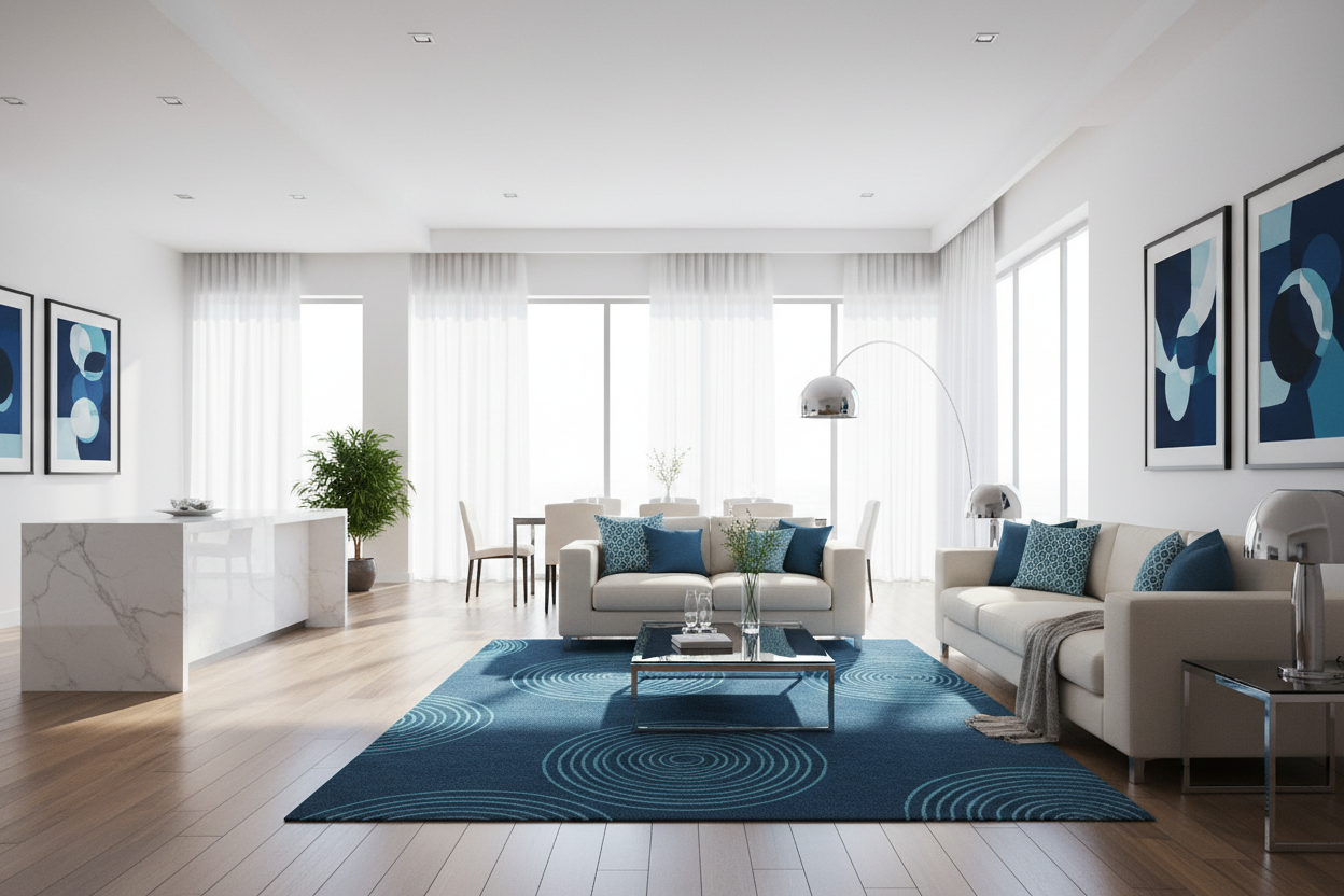 Professional website hero image for a cleaning services company.
Bright, modern home interior with natural sunlight.
Subtle abstract wave shapes inspired by a circular wave logo.
Color palette: deep blue and aqua blue.
Clean, minimal, premium, trustworthy look.
No text, no people facing camera.
Wide composition for website hero.
